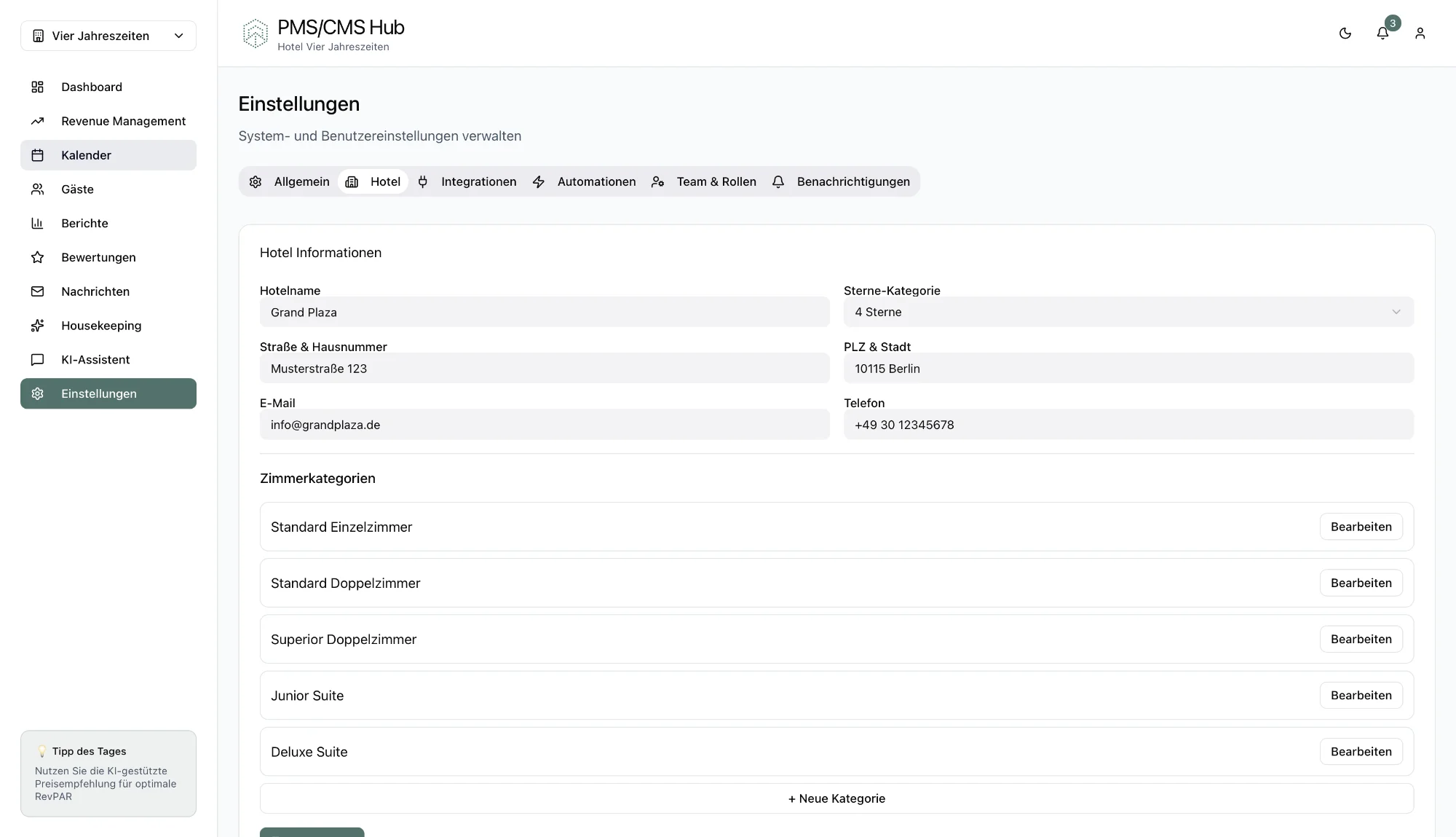 Hotel Einstellungen